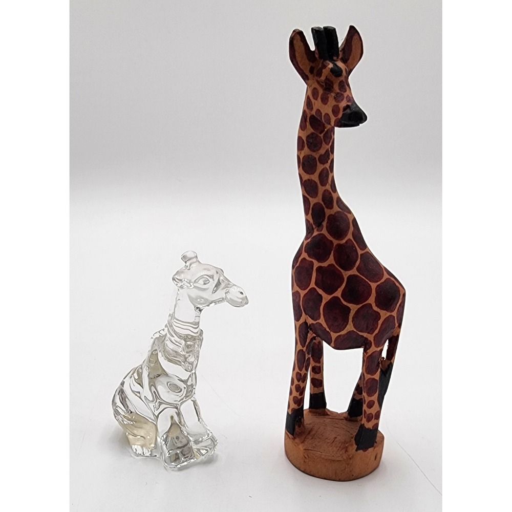 Princess House Crystal & Hand Carved Wood Giraffe Figurine Set 2pc Brown Clear